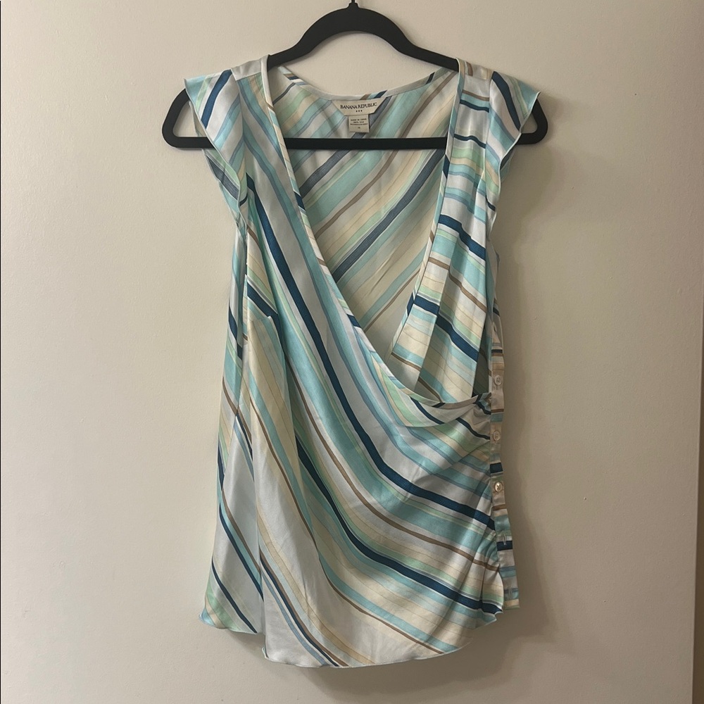 Banana Republic Striped Wrap Blouse in Teal, Blue, Cream